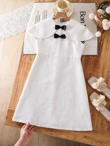 SHEIN 少女编织休闲二合一连衣裙 女童白色连衣裙 儿童提花连衣裙 女童白色蝴蝶结连衣裙 女童优雅白色连衣裙 女童翻领连衣裙 - 白色 - 查看 5