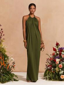 Zivah 2026 Spring/Summer New Arrival Wedding Season, Music Festival, Easter, Western, Boho, Nashville Inspired Dress With Halter Neck, Sexy Open Back, Front Ruching, Loose A-Line Silhouette, Suitable For Parties, Weddings, Evenings, Dates, Gatherings - Olive Green - View 6