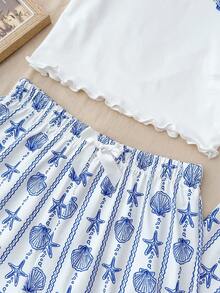 SHEIN Bộ 3 món cho bé gái tuổi teen, gồm áo thun ngắn tay cổ tròn in hình vỏ sò và sao biển + quần short/quần dài thắt nơ, kiểu dáng rộng rãi thoải mái. - Xanh và trắng - Xem 7