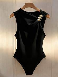 Franclia 女士极简不对称领口金属环无袖连体衣 黑色连体衣 女士黑色连体衣 - 黑色 - 查看 2