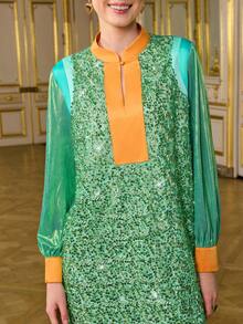 LOTSLUV Vestido Camisa Longo Solto Feminino, Manga Longa com Botões, Patchwork de Tecido com Contas Verde e Cetim Laranja, Vestuário do Oriente Médio, Blusas para Mulheres - Verde - Visão 7