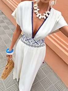 Selianne Đầm nữ dáng chữ A cổ chữ V sâu, phối ren tương phản, thêu họa tiết, cỡ tiêu chuẩn, thích hợp cho kỳ nghỉ xuân/hè. - Màu be - Xem 6