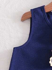 Genkimix Kids 女童纹理面料撞色下摆无袖上衣和休闲短裤T恤套装 - 藏蓝色 - 查看 3