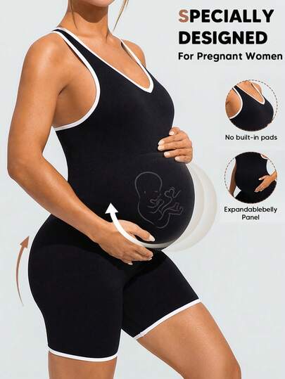 SHEIN Mono deportivo de maternidad cómodo y elástico con ribete de contraste sin mangas