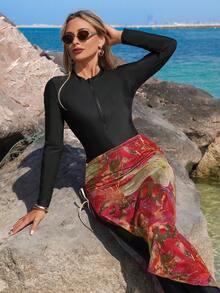 Swim Mulvari 3pcs Women's Black Zipper Long Sleeve Bikini Top, Pants + Random Floral Print Pleated Skirt Swimsuit, Summer Beach - Multicolor - View 5