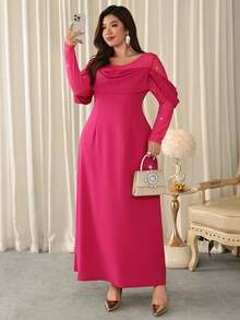 Firerie Elegant Plus Size Red Violet Long Knitted Fabric Dress With Round Neck Leg-Of-Mutton Sleeve And Flared Hem For Women Modest Wear - Red Violet - View 4