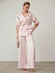 MOTF PREMIUM SATIN ELEGANT HIGH WAIST WIDE LEG PALAZZO PANTS, SPRING/SUMMER - Pink - View 6