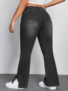 SHEIN ICON Pantalones acampanados de mezclilla negra elástica de talla grande con agujeros rotos y diseño de abertura - Gris Oscuro - Ver 2