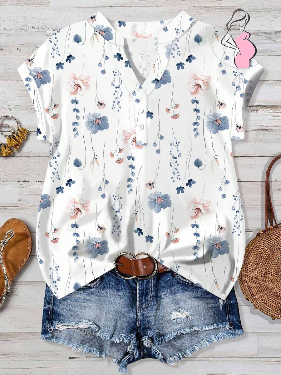 SHEIN Maternity Casual Printed Button-Up Short Sleeve Shirt - Multicolor - View 1