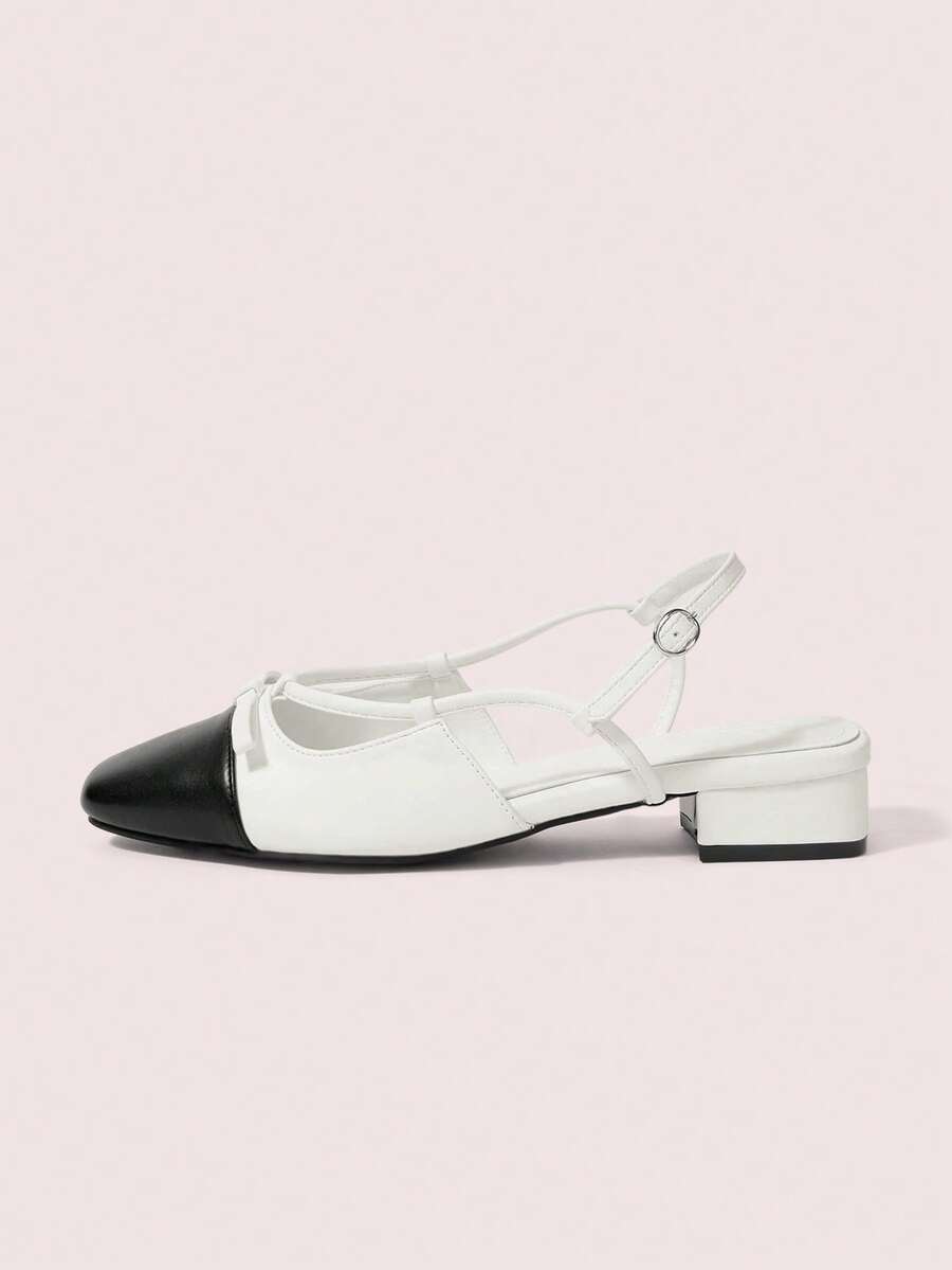 CUCCOO DOLLMOD 单字扣高跟包头凉鞋女夏季轻便鞋蝴蝶结粗跟单鞋 - 米白色 - 查看 1