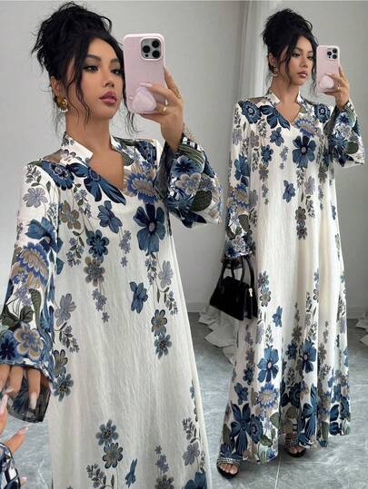 Yasmyna Women's Floral Print Elegant Romantic Loose Arabic Style Dress