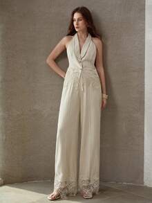 MOTF PREMIUM WOMEN'S HALTER NECK ELEGANT CONTRAST LACE BLOUSE - Khaki - View 1