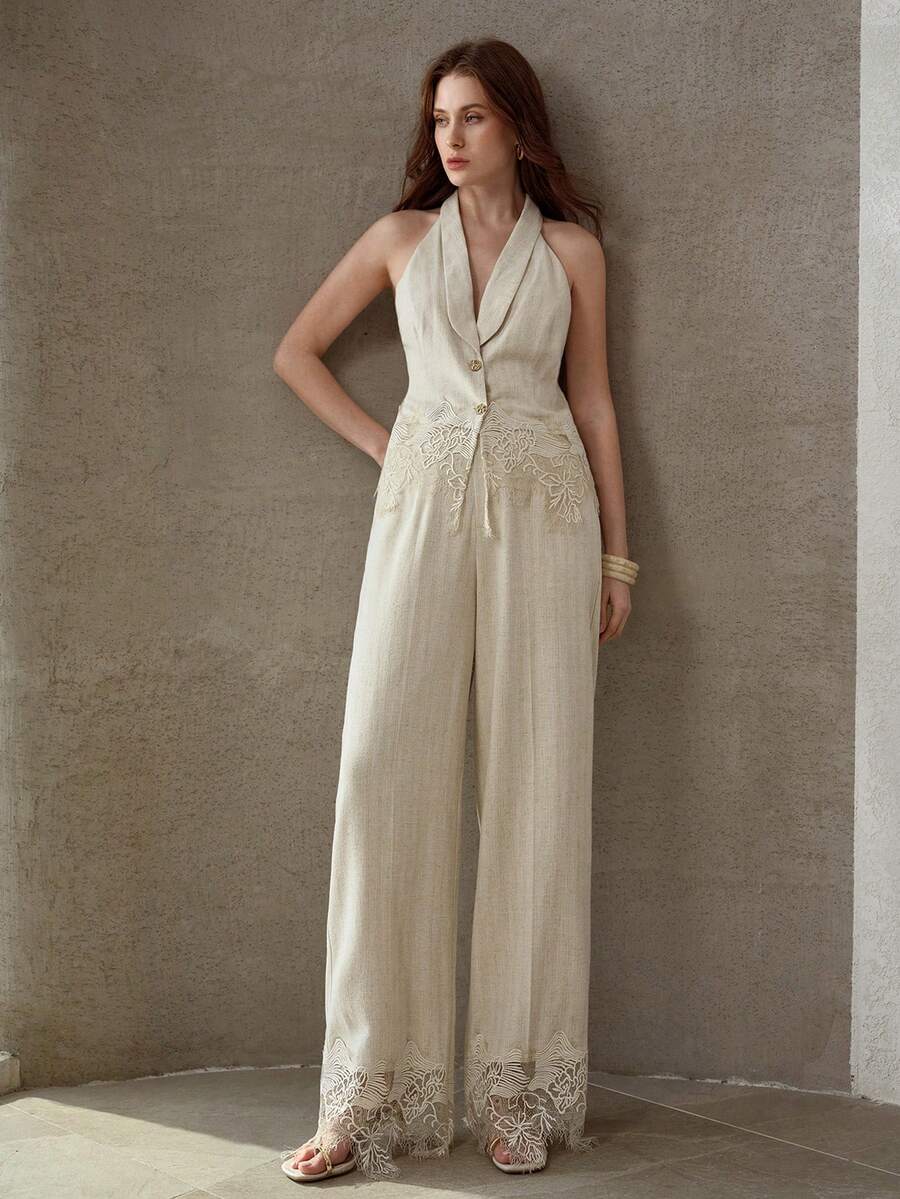 MOTF PREMIUM WOMEN'S HALTER NECK ELEGANT CONTRAST LACE BLOUSE - Khaki - View 1