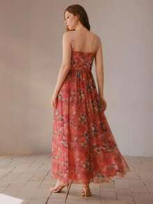 MOTF PREMIUM WOMEN'S VACATION STYLE ROSE PRINT MESH BUSTIER WAIST CINCHED DRESS - Pink - View 2