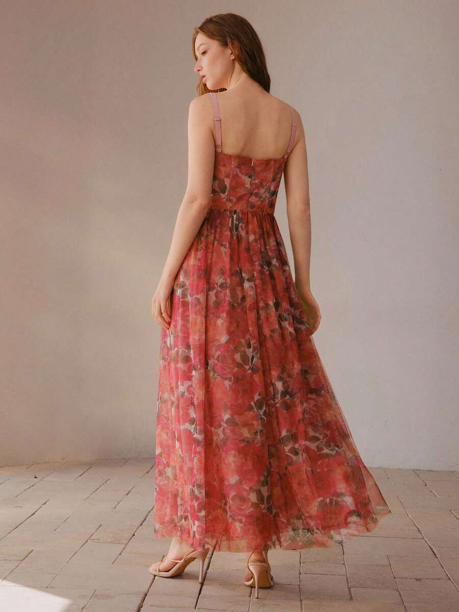 MOTF PREMIUM WOMEN'S VACATION STYLE ROSE PRINT MESH BUSTIER WAIST CINCHED DRESS - Pink - View 2