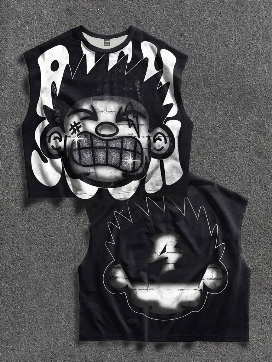 Manfinity ZONE917 男士宽松做旧趣味钻石纹身印花短袖T恤和无袖背心 - 黑色 - 查看 1