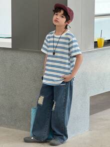 DAZY Camiseta casual de manga corta y cuello redondo con rayas para niño preadolescente, de corte holgado y versátil - Azul - Ver 5