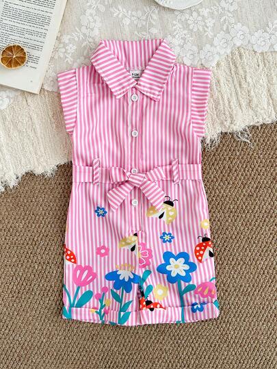 SHEIN 女婴连体衣一件装。春夏休闲风，简约条纹，碎花印花，非常适合户外穿着。