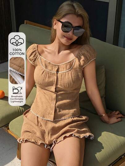 DAZY 甜美花卉撞色滚边装饰仿两件套女士睡衣套装