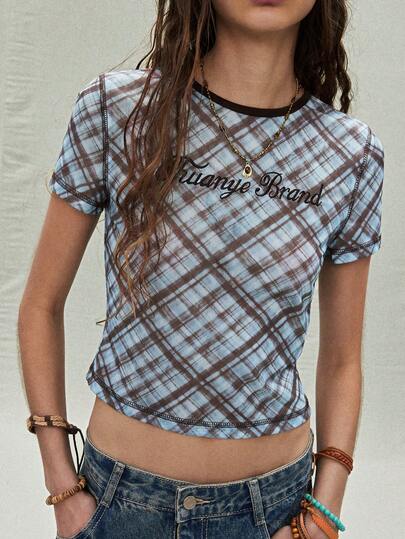 SoleilVie Light Blue & Warm Brown Tartan Pattern, Slim-Fitted T-Shirt Silhouette Crafted From Breathable Mesh Fabric – Airy Open-Weave Texture Adds Subtle Sensuality, Hugging Curves To Enhance Feminine Charm. Refined Bound-Edge Crew Neck, Niche-Chic Design: A Versatile Sexy Statement Piece, Perfect As A Standalone Top For Daily Outings (To Accentuate Alluring Silhouette) Or A Sleek Layering Essential For Polished, Seductive Ensembles.