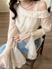 Feyla Women's Solid Color Mesh Patchwork Asymmetric Collar Elegant Long Sleeve Blouse - Apricot - View 2