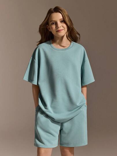 Tween Girls' Solid Color Round Neck Short Sleeve T-Shirt And Shorts Casual Outfit