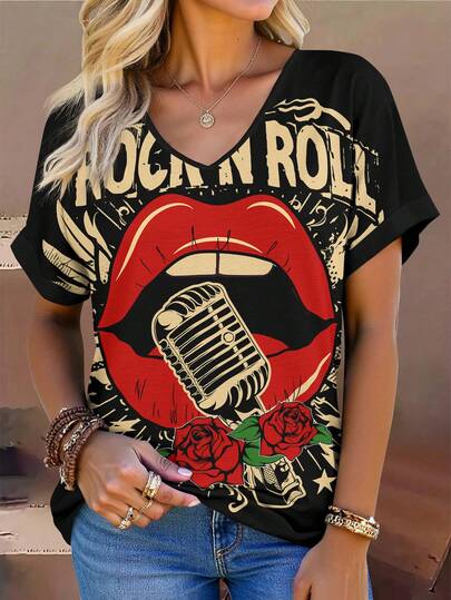 EMERY ROSE 大码女式音乐节印花V领短袖图案T恤，袖口可卷起，休闲宽松夏季女装