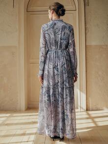 Anewsta 女士新款腰果花印花长袖优雅A字长裙，奢华精致，假日之选 - 藍色 - 查看 2