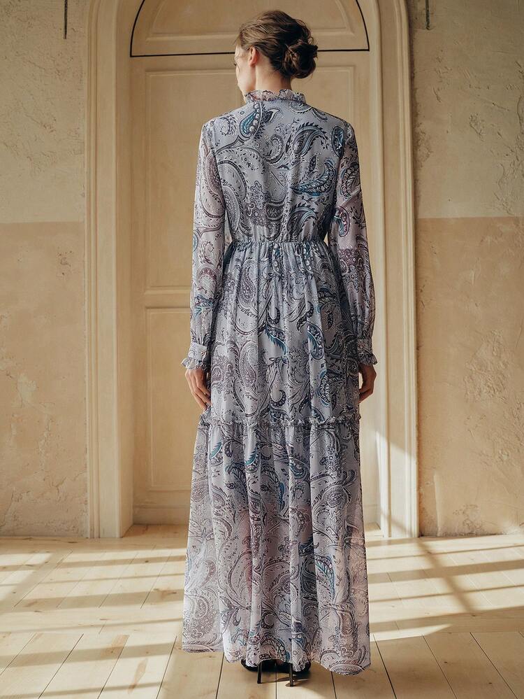 Women's New Cashew Flower Print Long Sleeve Elegant Maxi A-Line Dress, Luxurious And Sophisticated For Holidays Paisley Dress French Style Dress