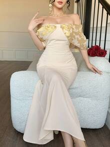 DAZY Women's Fabric Patchwork One-Shoulder Cinched Waist Fishtail Dress, Elegant Casual - Beige - View 7