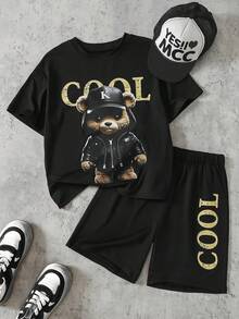 SHEIN Coolqubz 男童可爱小熊图案印花短袖T恤和短裤套装（2件），春夏款 - 黑色 - 查看 5