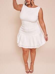 SHEIN BAE Plus Size Women Solid White Sleeveless Ruched Back Bow Decor Mini Bodycon Dress, Summer Dresses, Spring Clothing - White - View 7