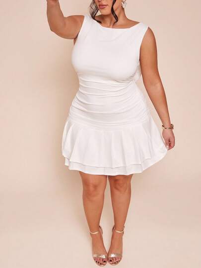 SHEIN BAE Plus Size Women Solid White Sleeveless Ruched Back Bow Decor Mini Bodycon Dress