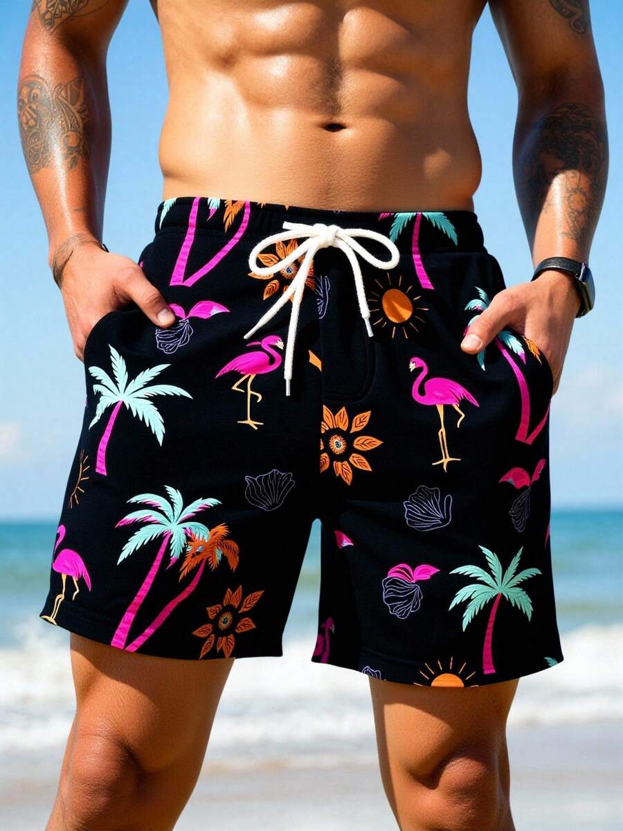 Manfinity VDAYZ 男士棕榈树印花抽绳腰带沙滩短裤 - 黑色 - 查看 1