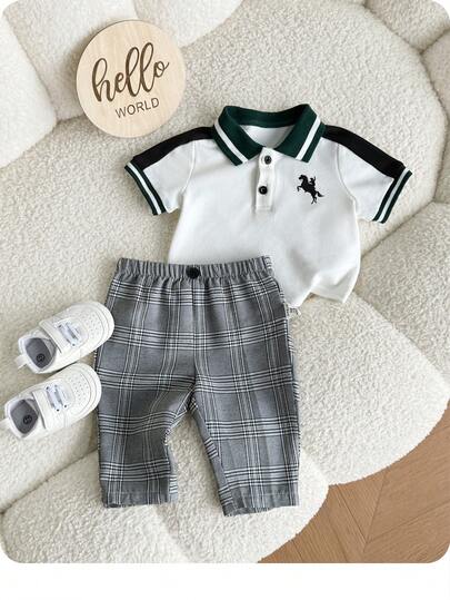 SHEIN Newborn Baby Boy Casual Cute Colorblock Knit Polo Shirt And Plaid Elastic Waist Pants Set