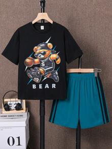 SHEIN 2 pezzi Set di maglietta a maniche corte con collo rotondo e pantaloncini con motivo cartoni animati, adatto per ragazzi pre-adolescenti, per primavera/estate, uso quotidiano, sport, uscite, scuola, feste, festival, servizi fotografici - Multicolore - Visualizzare 2