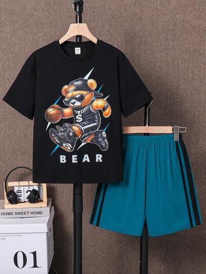 SHEIN 2pcs Tween Boy Casual Cartoon Pattern Round Neck Short Sleeve Top & Shorts Set, Suitable For Spring/Summer , Daily Wear, Sports, Outings, School, Parties, Festivals, Photoshoots