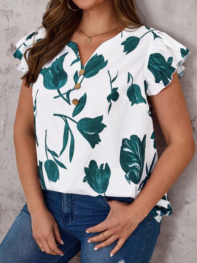 Plus Size Women's Summer Casual Vacation Country V-Neck Short Sleeve White And Green Floral Print Casual Versatile Daily Wear Blouse Top,Summer/Vacation,Spring Break,Holiday,Going Out,2026 New,Simple And Fashionable For Everyday Wear