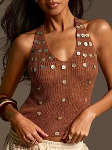 Athîral 女士纯色V领露背吊带时尚纽扣装饰针织上衣 - 咖啡棕 - 查看 1