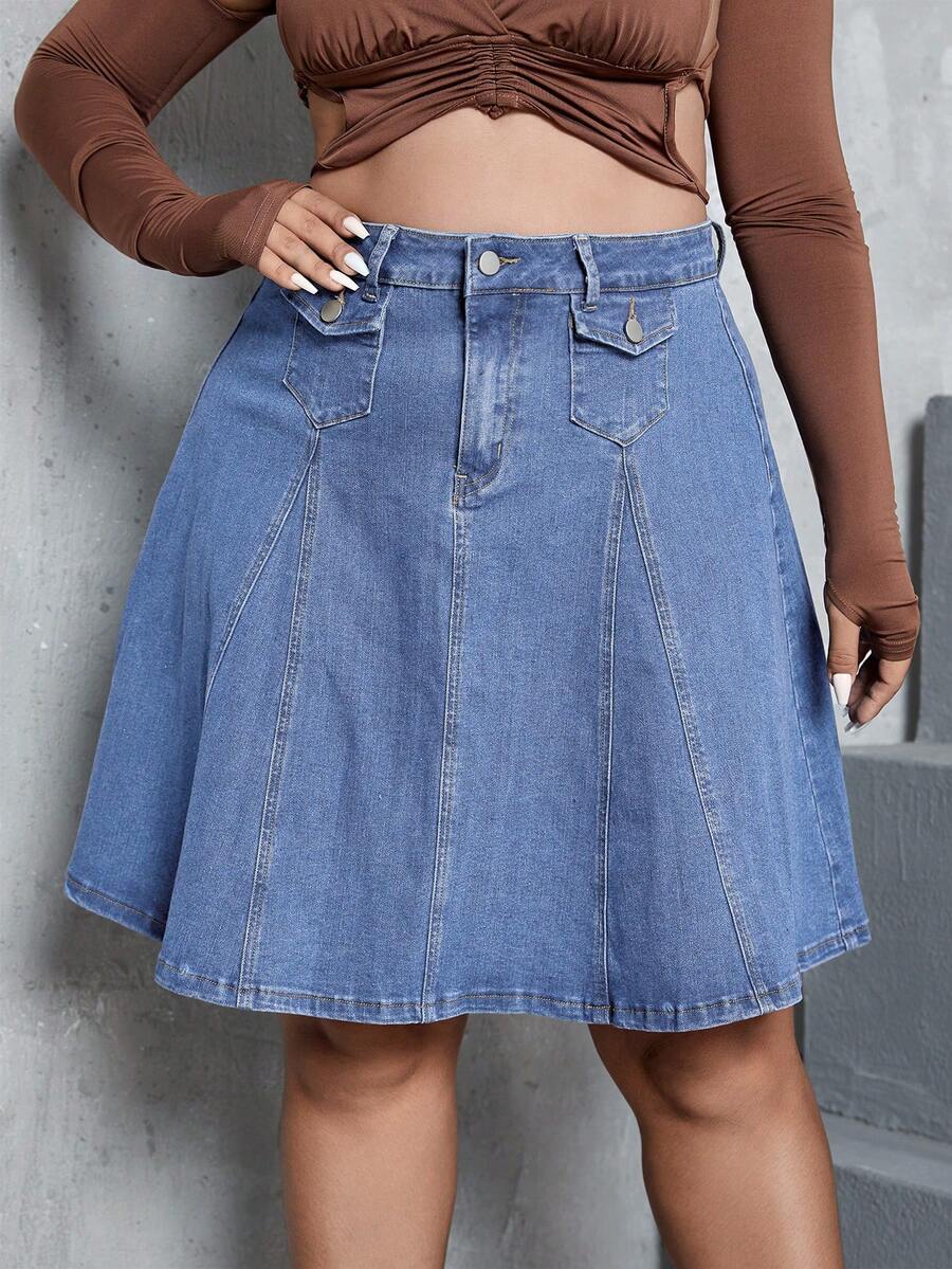 SHEIN ICON Plus Size Solid Color Belted Casual Summer Versatile Denim Mini Skirt - Light Wash - View 1