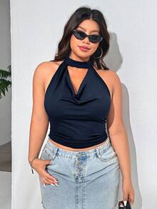 SHEIN EZwear Navy Blue Romantic Plunging Neck Plus Size Camisole, Spring, Summer Tops - Navy Blue - View 4