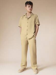 SUMWON Conjunto de 2 piezas de camisa abotonada con textura de lino y pantalones rectos a juego para niños, conjunto de vacaciones de verano casual - Verde - Ver 1