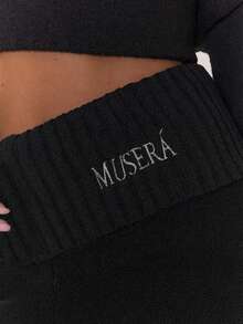 MUSERA 超大罗纹针织刺绣细节阔腿套装裤，仅限秋季穿着，舒适可爱，休闲时尚，适合冬季和冬季穿着，咖啡俱乐部风格 - 黑色 - 查看 6