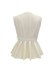 GlowEve Áo kiểu nữ thanh lịch, sang trọng, dáng thường ngày, cổ tròn, cài khuy ngọc trai phía trước, xẻ tà, viền hoa, vai thường, vạt bèo nhún, hàng mới về Xuân/Hè 2026. - Màu be - Xem 5