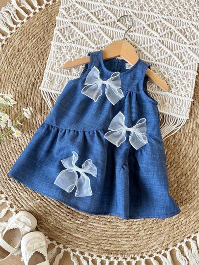 SHEIN Newborn Baby Girl Cute & Elegant Blue Bow Loose Dress, Summer