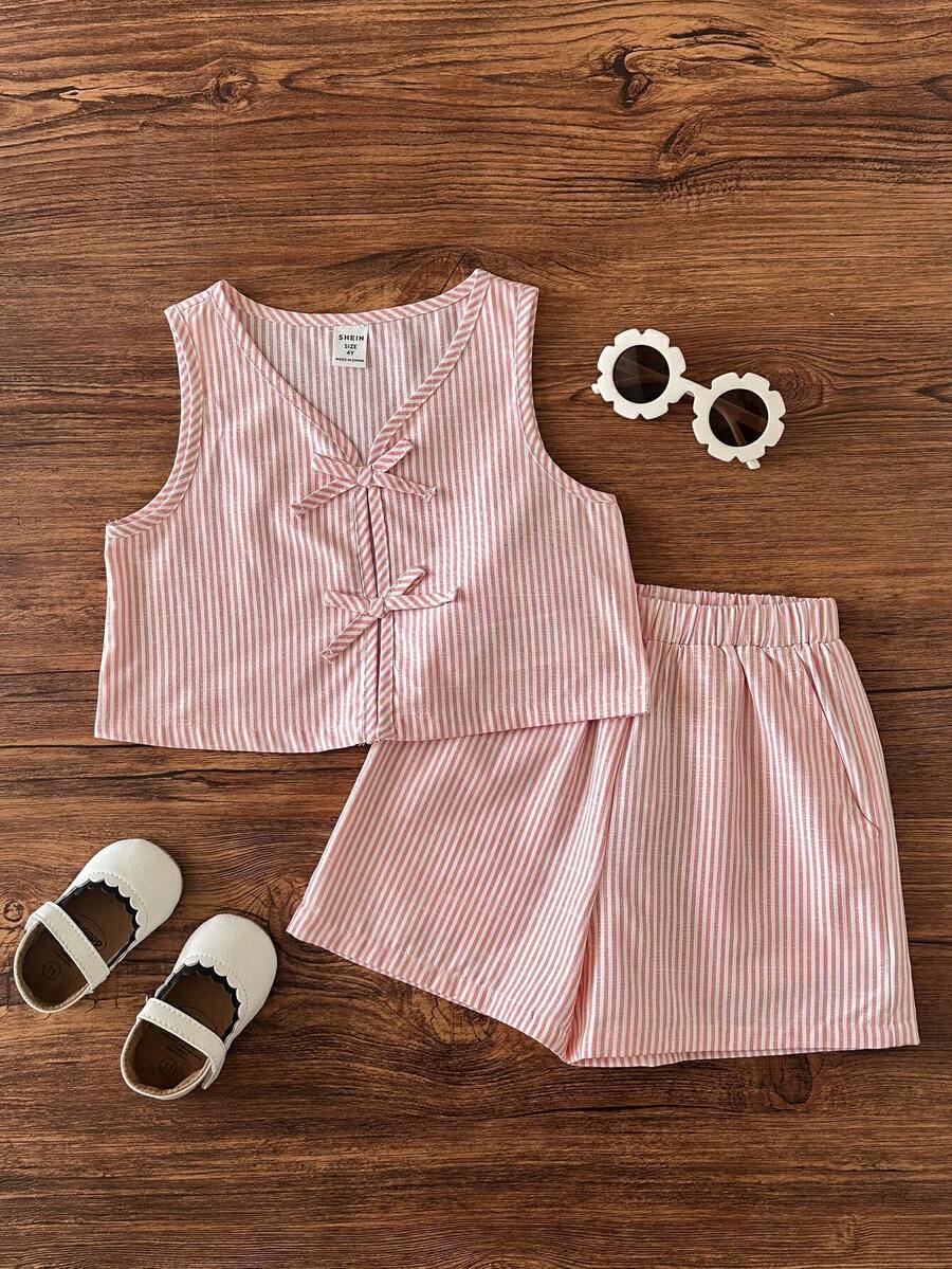 Emery Rose Kids Emery Rose Kids 2pcs Young Girl Woven Striped Crew Neck Top And Woven Shorts Set - Baby Pink - View 1