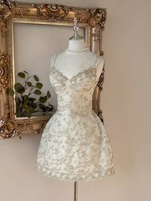 Lovelzi 优雅浪漫时尚的白色提花面料吊带抹胸A字连衣裙，适合优雅派对、婚礼宾客、单身派对、舞会、鸡尾酒会等场合。 - 杏色 - 查看 7