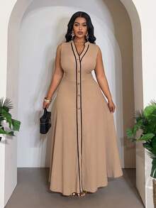 Veslaya 2026春夏新款大码女装，适合音乐节、复活节、西部风、游牧风、生日派对、毕业典礼、学院风、学生日常穿着，百搭基础款，休闲假日外出、优雅派对、舞会等场合，高端优雅卡其色与黑色撞色滚边V领A字长裙，无袖 - 彩色 - 查看 6