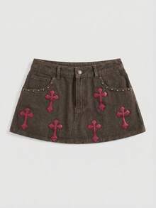 ROMWE Grunge Punk Women's Embroidered Cross Denim Mini Skirt - Brown - View 5