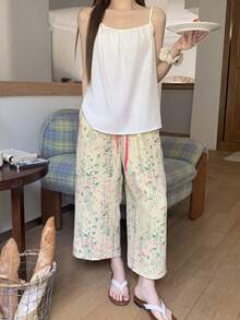 DAZY 女士夏季无袖上衣和七分碎花睡裤套装 - 白色 - 查看 8